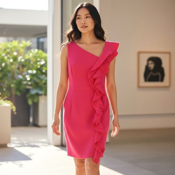 Teri Jon Rickie Freeman Pink Ruffle Cocktail Dress Womens Size 6 Sleeveless - Picture 1 of 11